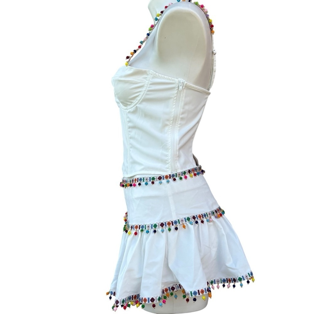 Shein Musera White Skirt & Corset Top Set Pom Pom Trim Size Small New - Picture 7 of 15